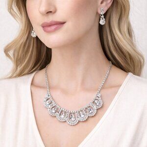 3/$20 Scalloped Silver Crystal Statement Necklace & Earring Set